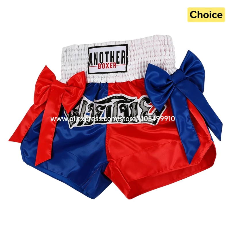 Two-Tone Red Blue Muay Thai Shorts with Side Big Bow Decor Satin Kickboxing Trunks Boxing Shorts for MMA Sparring Martial Arts