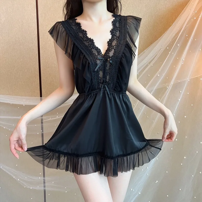 Fashion Sexy Deep V-neck Nightgown Hollowed Out Lace Nightdress Mesh Cute Home Clothes Sleeping Skirt Womens Fun Lingerie Dress