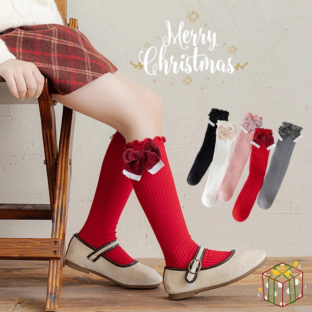 MILANCEL Children's Socks 3-8T Christmas Bow Girls Knee-high Socks 5 Colors Thin Girls' Knee Socks Kids Straight Tube Socks