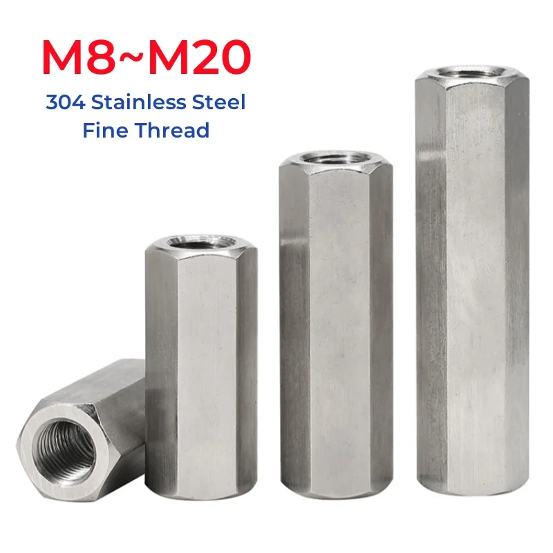 M8 M10 M12 M14 M16 M18 M20 304 Stainless Steel Fine Thread Hex Rod Coupling Nut Lengthen Hexagon Coupling Nuts