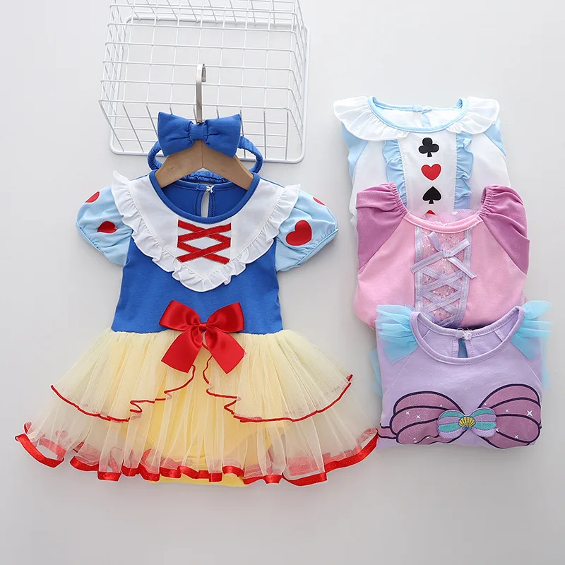 Baby Romper TUTU Dress Mermaid Snow White Elsa Anna Belle Cinderella  Costume Jumpsuit  Cute Design Baby Cotton Dress+Headband