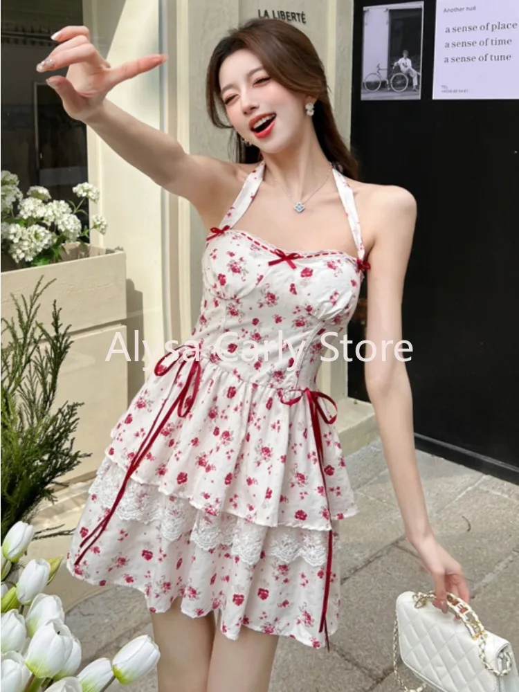 วินเทจหวานคอติดตั้งชุดมินิผู้หญิงเกาหลีElegant Lace Fairyดอกไม้ชุดหญิง 2025 ฤดูร้อนแฟชั่นCausal Party Dress