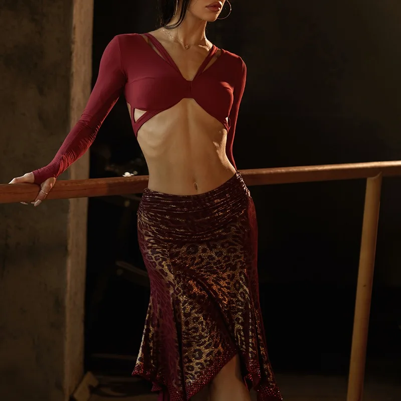 

Полуюбка ZYM по индивидуальному заказу, высококачественный костюм для латинских танцев средней длины, тренировочный наряд, юбка из ромбовидной сетки, край ча-ча, самба, танго, румба