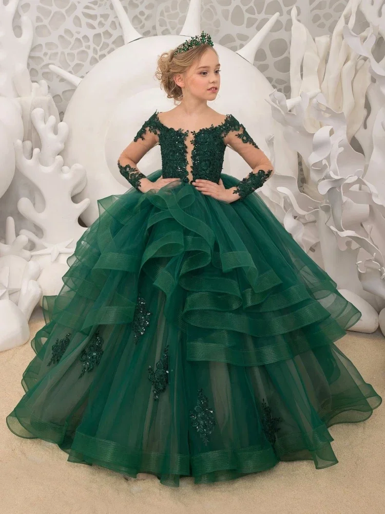 Flower Girl Dresses Green Tulle Puffy Appliques Pattern Tiered Long Sleeve For Wedding Birthday Banquet Princess Gowns