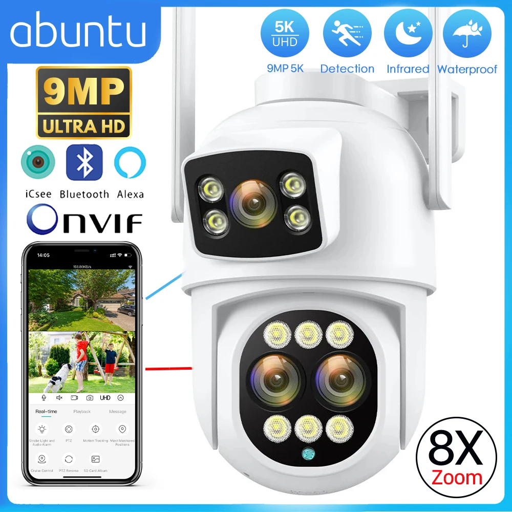 

9MP 5K HD WiFi IP Camera Outdoor 8X Digital Zoom Dual Screen 6MP PTZ Wifi Surveillance Camera Human Detection Night Vision ICSEE