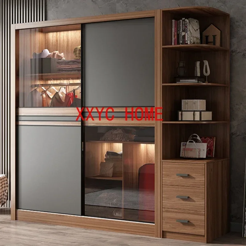 Simple Modern Organizer Wardrobe Clothes Wooden Bedroom Nordic Wardrobe Glass Sliding Door Hanger Rail Ropero Household Items