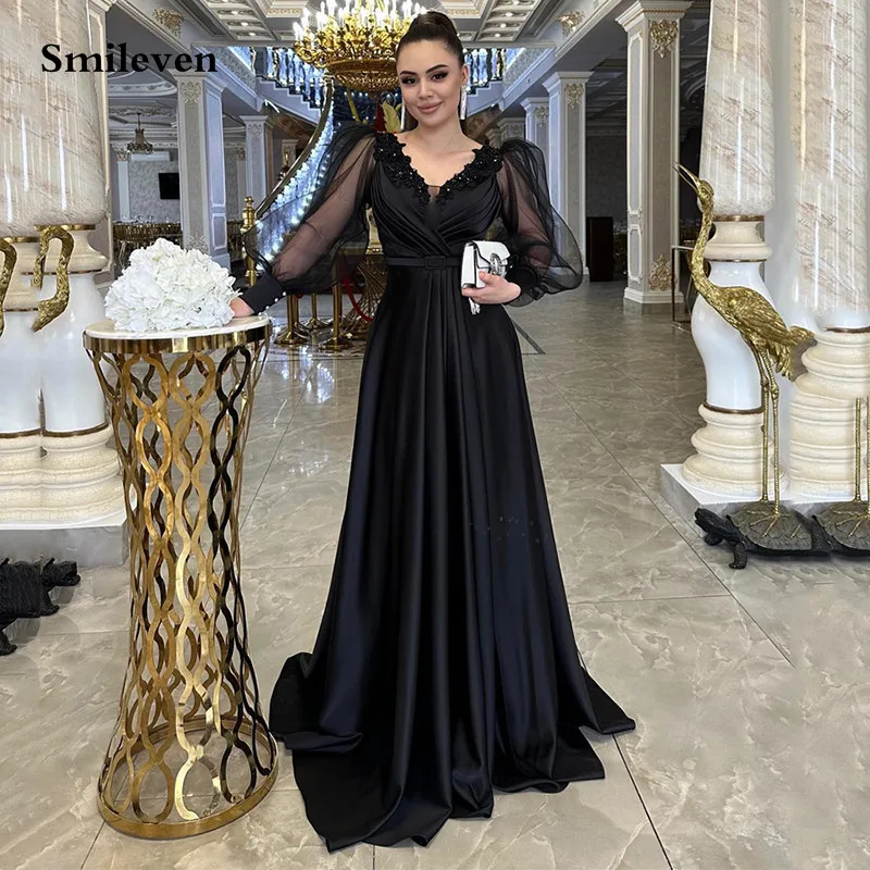 

Smileven Long Sleeve Saudi Arabia Evening Dresses Beading Pleats Off The Shoulder Prom Gowns Robe De Marieer Prom Party Dress