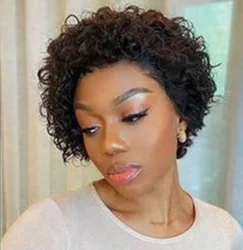 Short Afro Kinky Curly Hair Wigs For Black Women Human Hair African Fluffy Wig Brazilian Pixie Cut Hair Wigs Machine Made