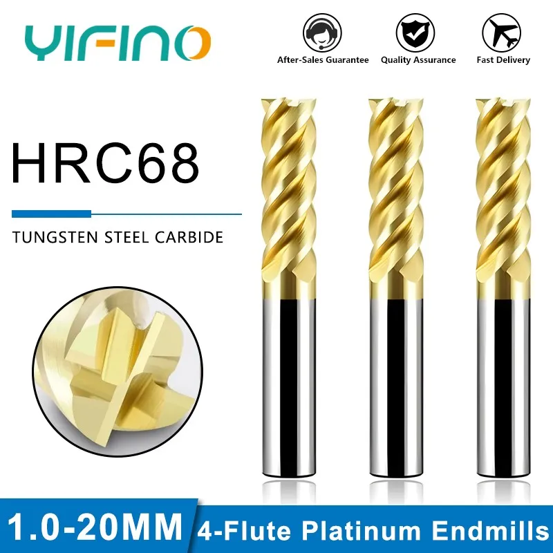 YIFINO HRC68 4-Flute High End Platinum Tungsten steel Carbide Flat Endmills For CNC Mechanical Machining Milling cutter Tools