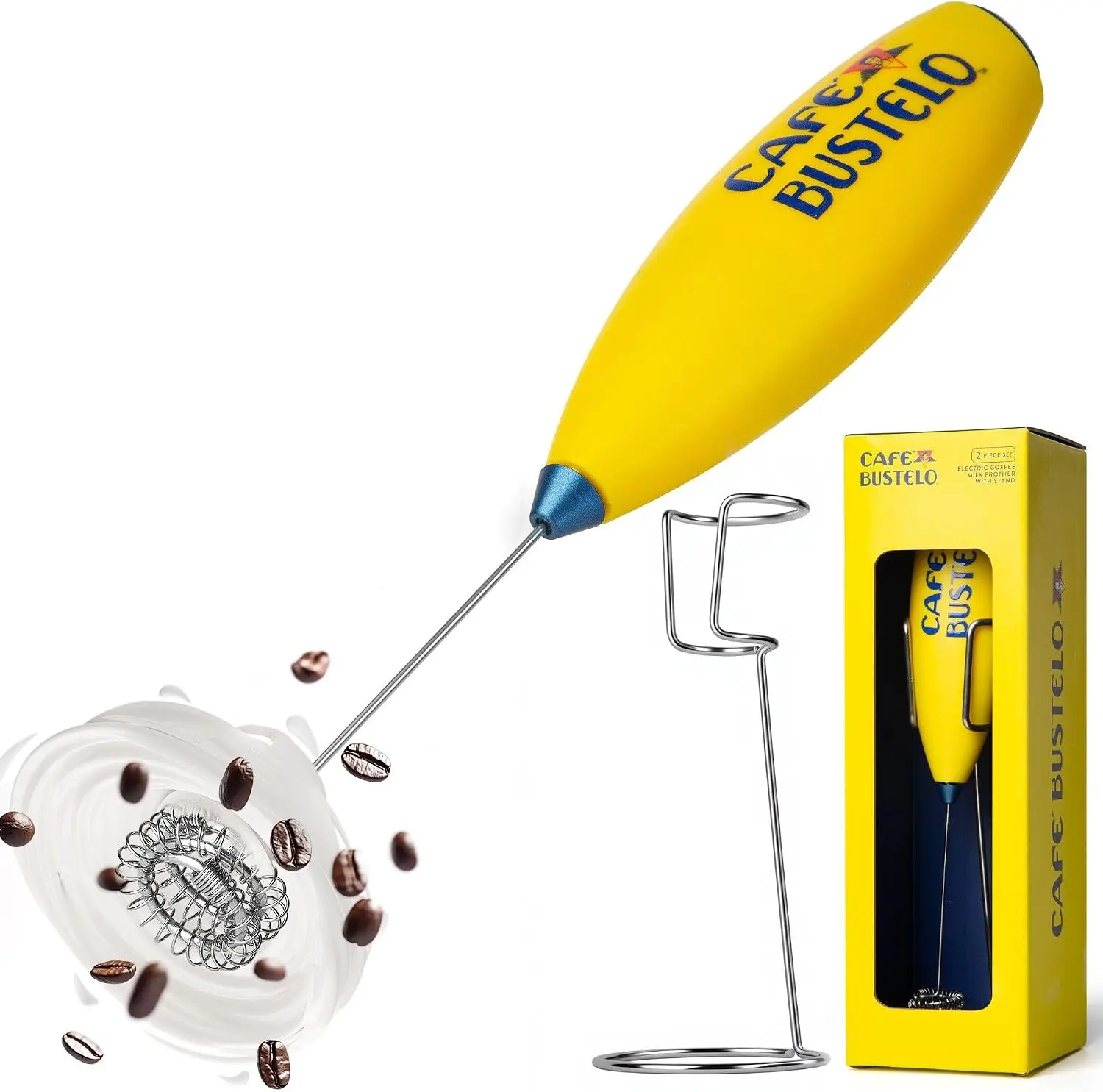 Handheld Electric Milk Frother – Battery-Operated Drink Mixer with Stainless Steel Whisk & Stand, Bold Yellow Design, Pe