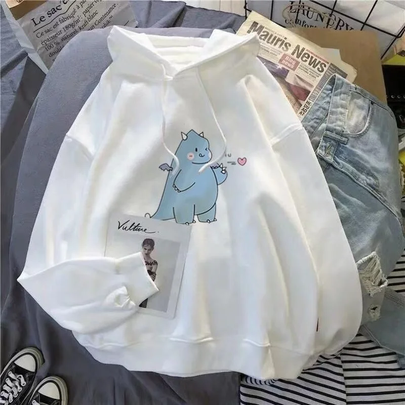 Women Harajuku Dinosaur and Love Print Pullovers 2024 Kawaii Girl Loose Casual Hoodies Sweatshirts Japan Style Chic Streetwears