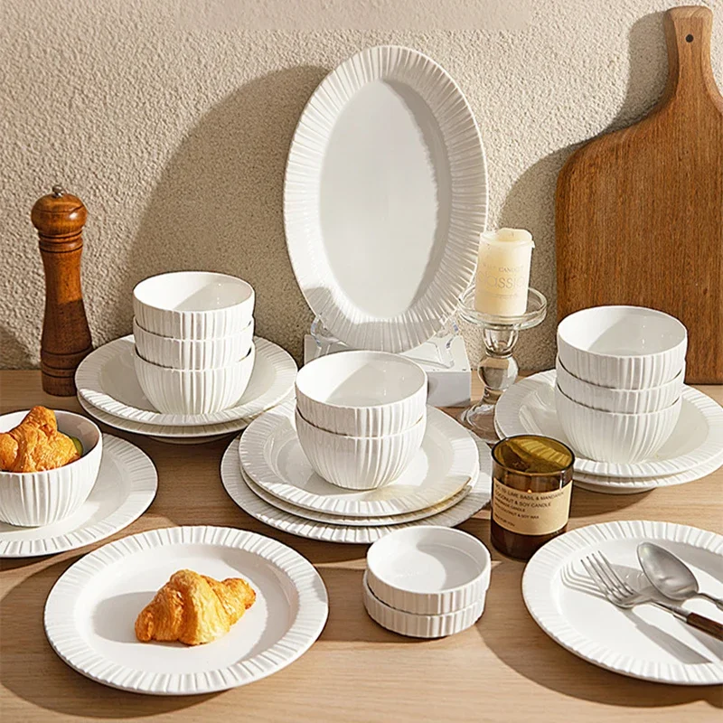 Rhine Series White Ceramics 10in Plate Household Tableware High-end 4.5in Rice Bowl 8in Soup Bowls Fish Plates