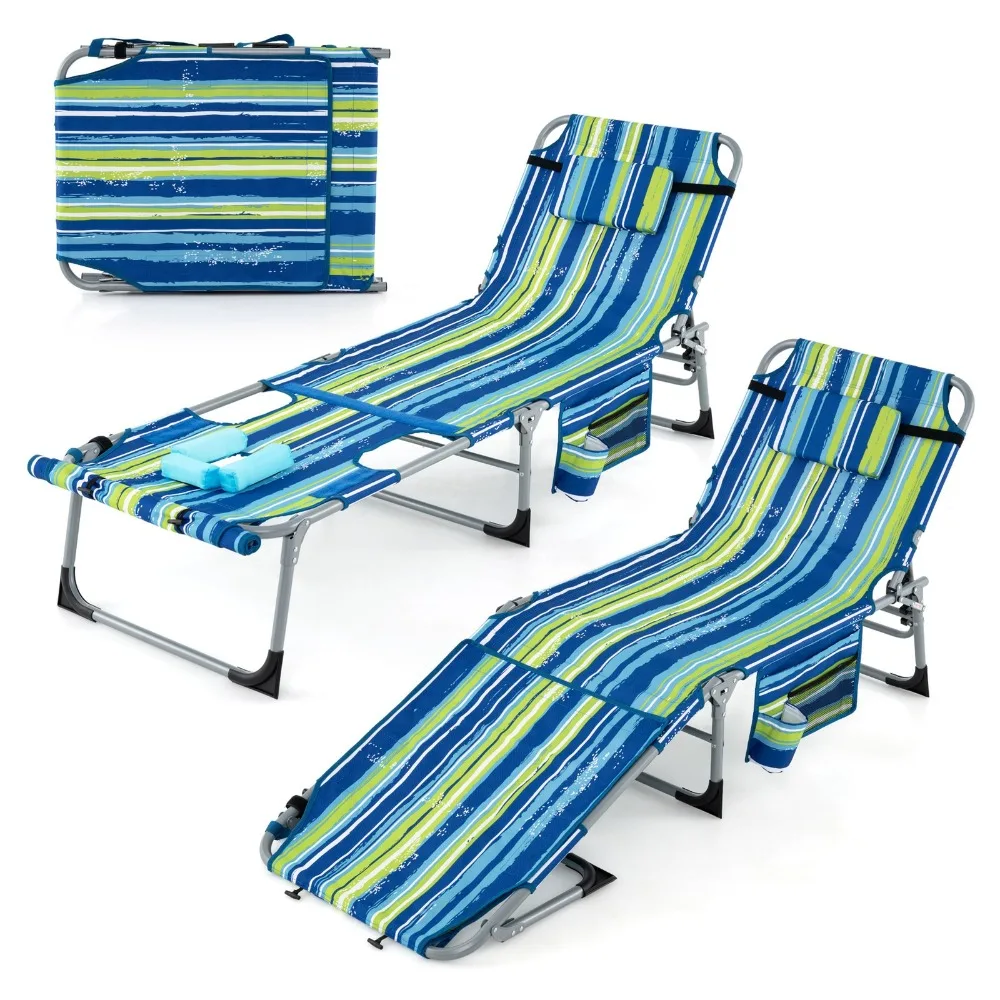 

2 PCS Folding Chaise Lounge Chair Sunbathing Recliner w/ Removable Pillow Navy