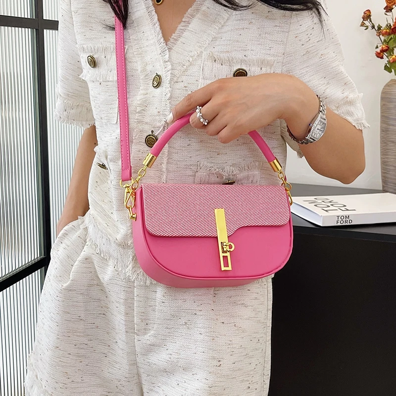 Pink Handbag Women's Bag Designer Semicircle Saddle Bag Handbag Solid Color PU Leather Shoulder Messenger Bag Female bolsas