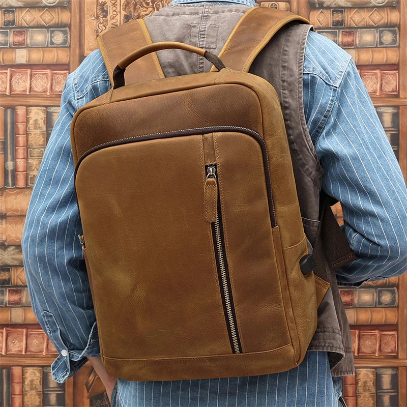 

Brown A4 Thick Durable Top Grain Genuine Crazy Horse Leather 15.6'' Laptop Women Men's Backpack Male Travel Bag Vintage M6641