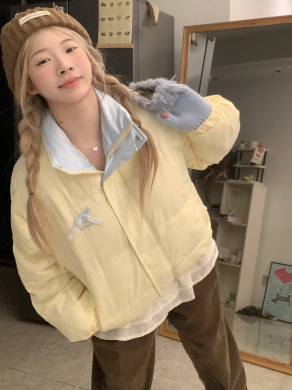 

Зимнее пуховое пальто Jaet с милым бантом, желтое хлопковое пальто, женское хлопковое пальто небольшого размера с воротником-стойкой, свободная посадка