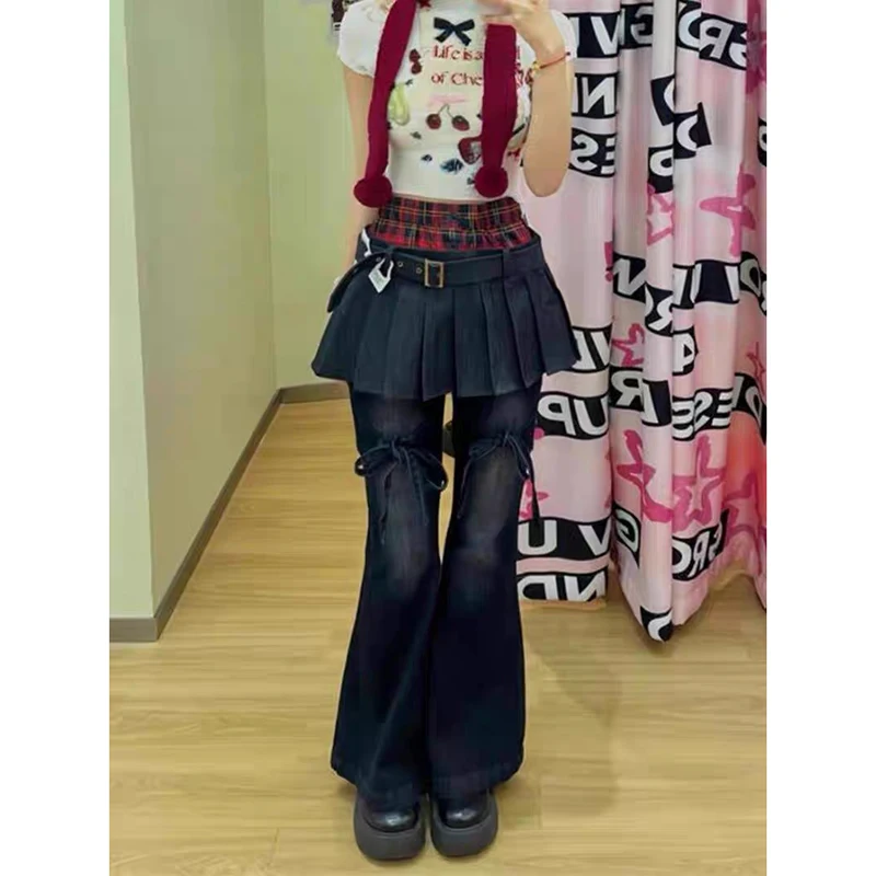 이바슈 가을 여성 데님 팬츠 슬림 플레어 진 페이크 투피스 벨 바텀 진 아비 Y2K 다크 아카데미아 스키니 사이버 펑크