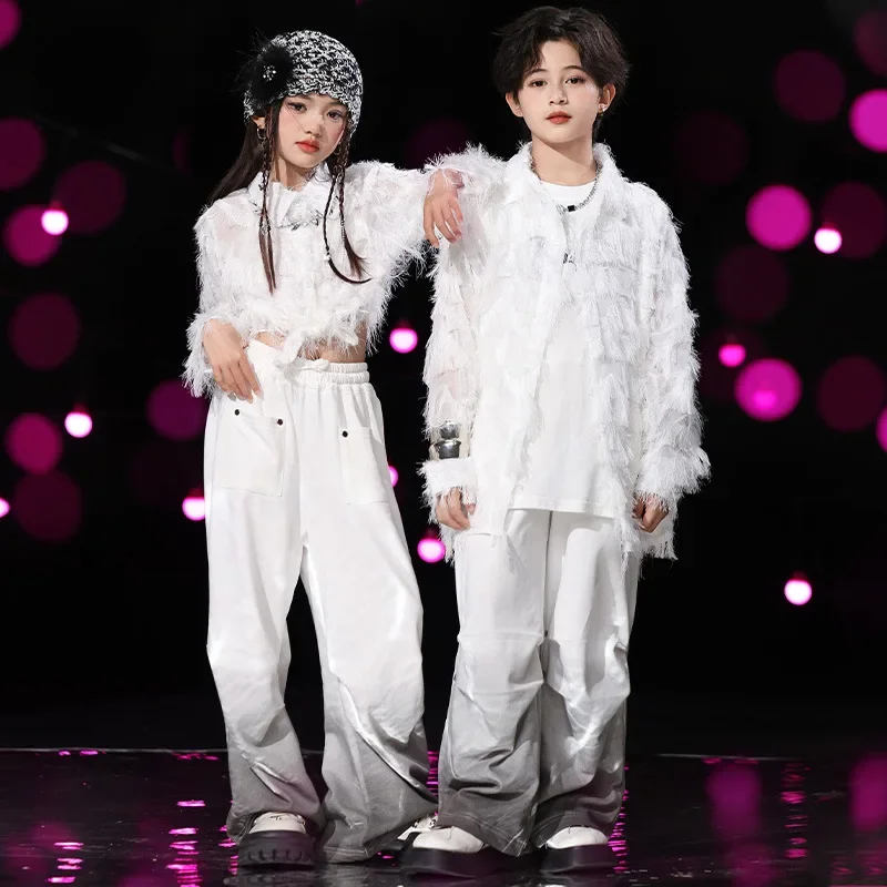 Kid Cool Hip Hop Clothing Feather Shirt Crop Top White Black Casual Wide Ruched Pants for Girl Boy Jazz Dance Costumes Clothes