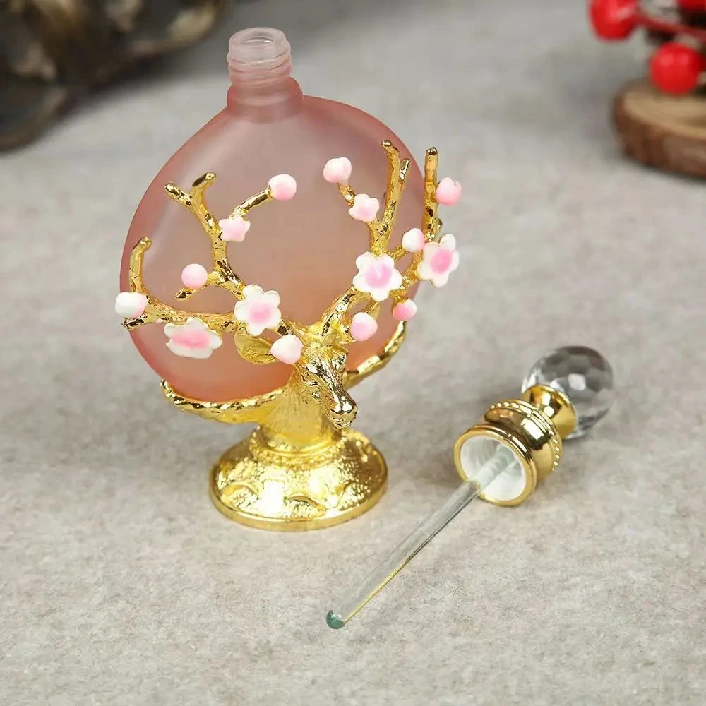 1pcs 30ML Perfume Bottle Glass Exquisite Peach Flower Branch Pattern Clear Crystal Cap Old Fancy Vintage