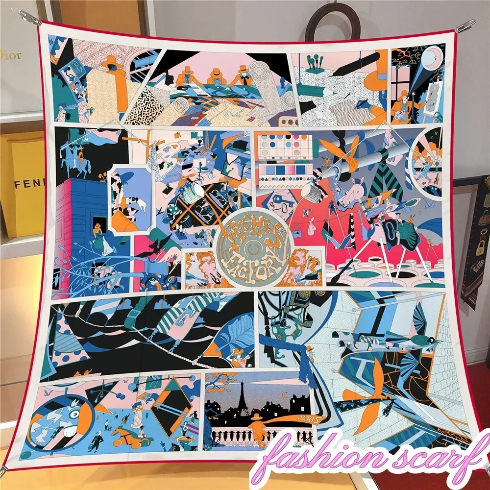 90CM Cartoon Comic Puzzle Versatile Women\'s Decorative Twill Shawl Gift Large Square Scarf Silk Scarf Spot Scarf Wholesale