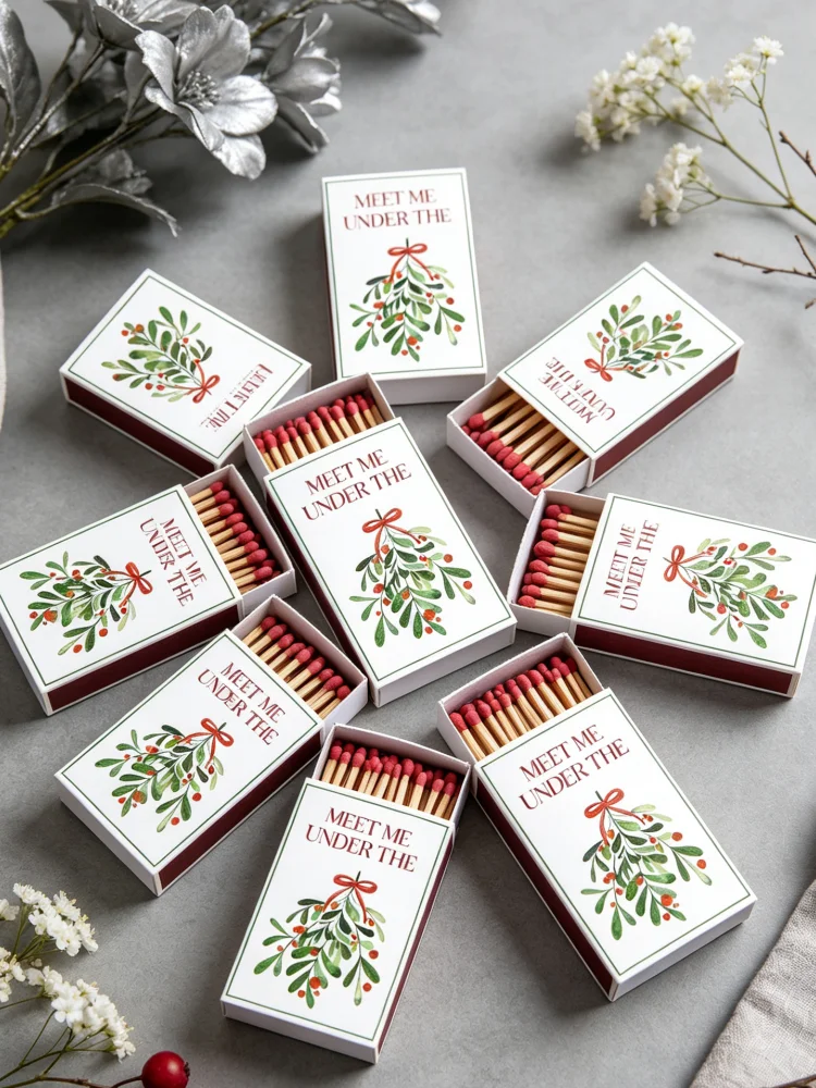 Bulk Custom Meet Me Under the Mistletoe Matchboxes Holiday Wedding Favors Winter Bridal Shower Party Matchboxes Festive