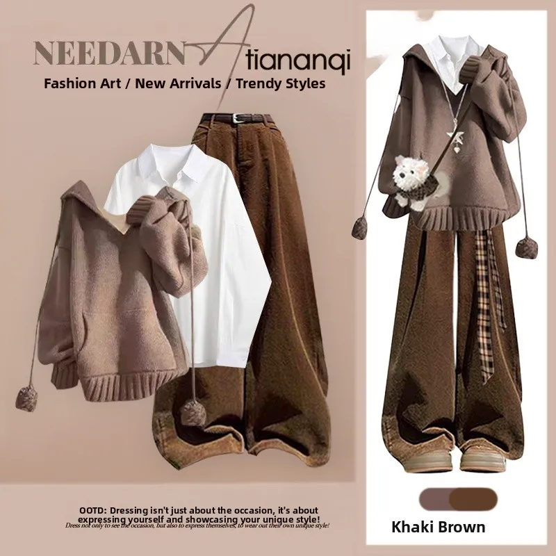 

Fall Korean Style Loose Fit Hoodie Three Piece Set High Waist Wide Leg Pants Casual Shirt Layering Slimming Effect
