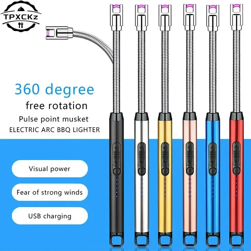 Encendedor de barbacoa de arco eléctrico de 360 °, USB, a prueba de viento, encendido de Plasma sin llama, encendedores largos de cocina, encendedor