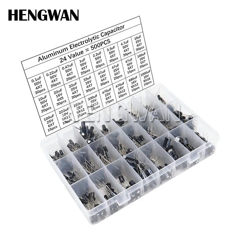 500Pcs/lot 0.1UF-1000UF 24Values 16V-50V Mix Aluminum Electrolytic Capacitor Assorted Kit And Storage Box