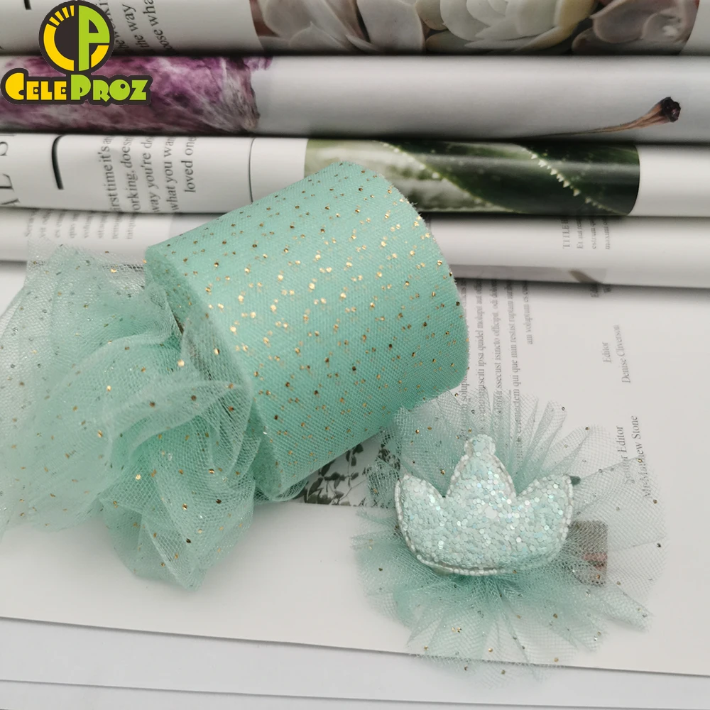 6cm 25Yards Golden Dotted Tulle Ribbon Glitter Organza Mesh Fabric Film DIY Craft Accessories Hair Clip Bowknots Sewing Material