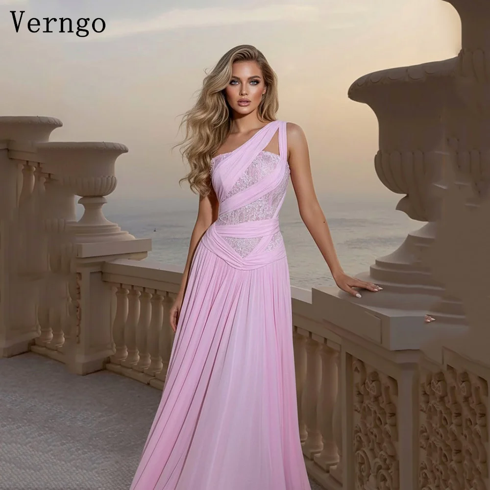 

Verngo Pink Chiffon Evening Dress One Shoulder A Line Formal Occasion Dress Sequined Elegant Prom Party Gowns Customized