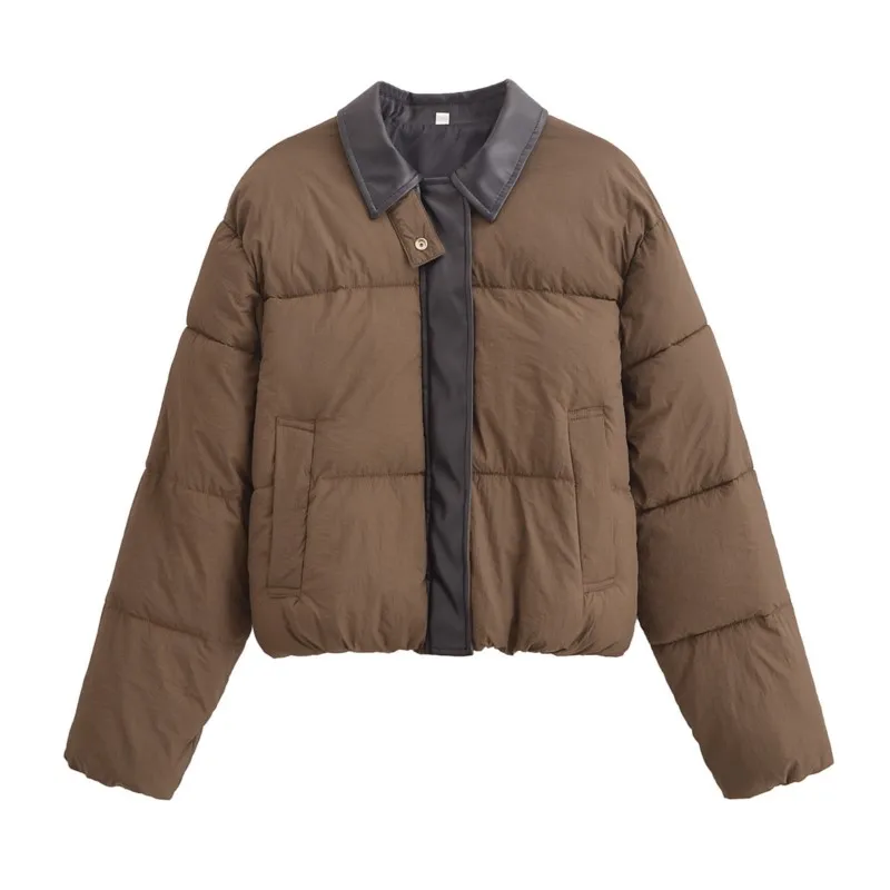 

2025 Women's Winter Retro Style PU Quilted Jacket Color-Block Cotton Padded Coat Warm Outwear Casual Street Autumn Thick Coats