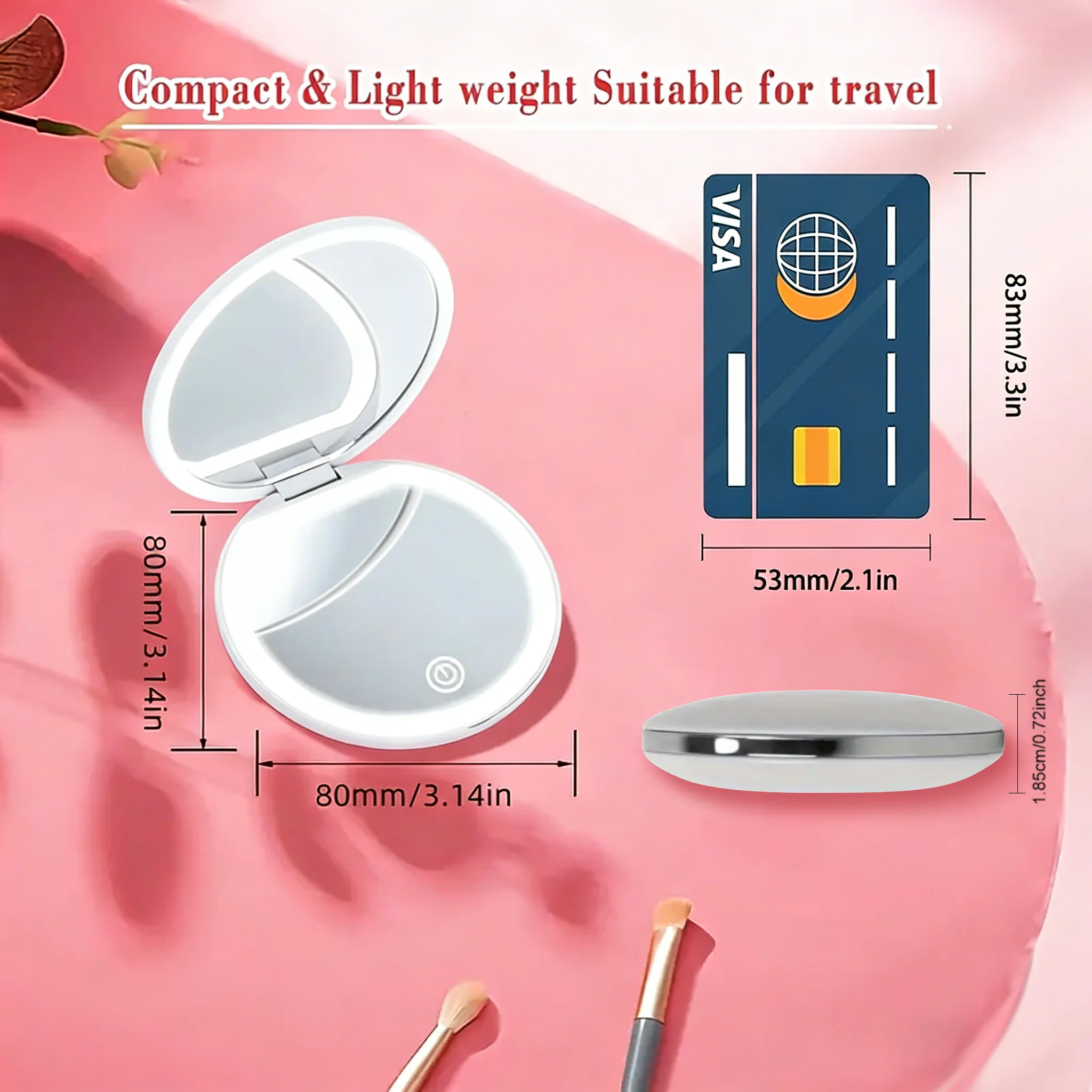 Compact Mirror with Light, 1X/3X Magnification LED Pocket Mirror with USB Data Cable, Pink Mini Mirror for Purse, Pocket,Travel