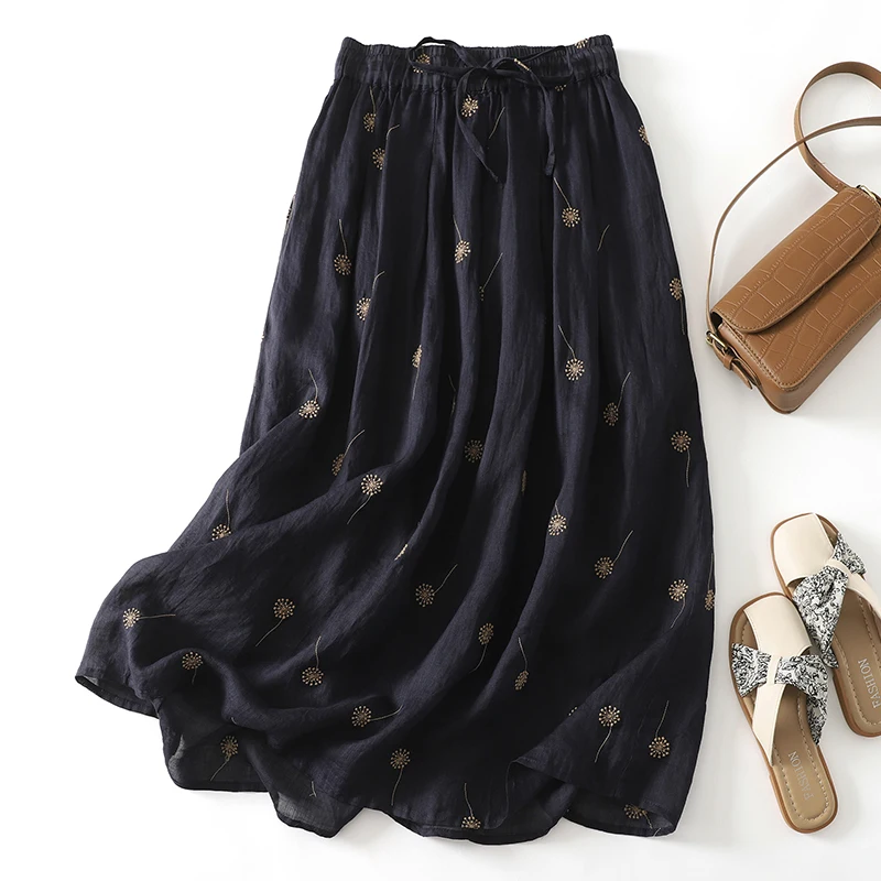 

Новая женская хлопково-льняная юбка 2026 года с цветочным принтом, завышенной талией, свободного кроя, А-силуэта, двухслойная, длинная миди-юбка
