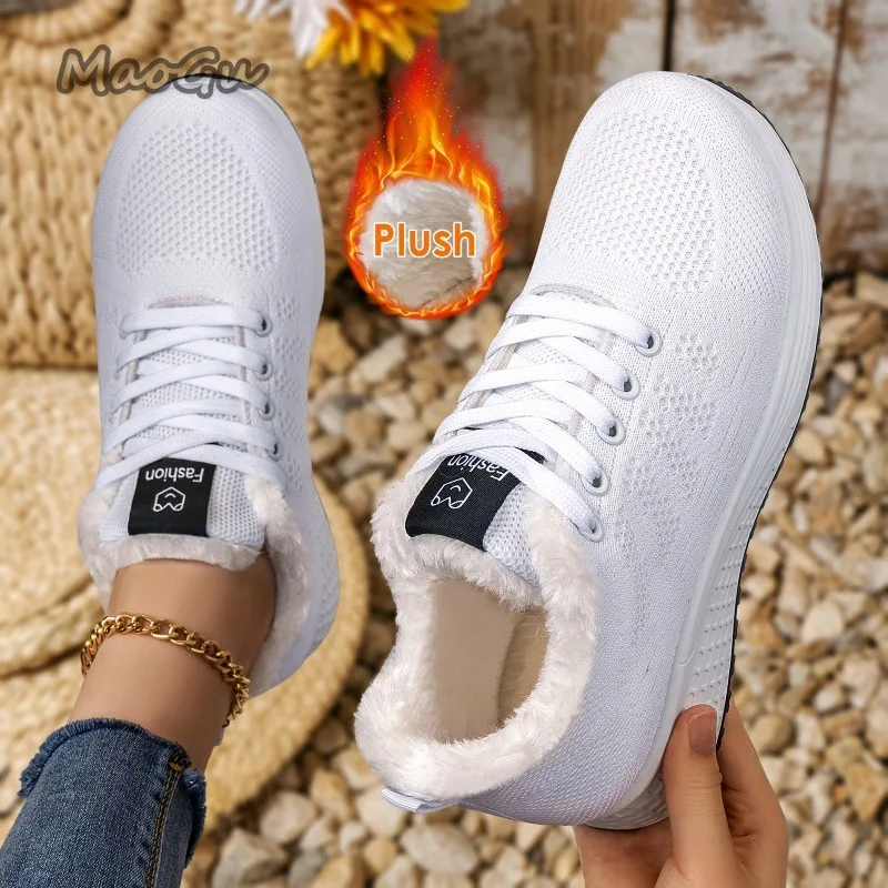 Women Winter Plush Warm Sneakers Lace‑up Casual Shoes Non‑slip Sole Fleece Lined Female Vulcanize Shoes Cold Weather Кроссовки