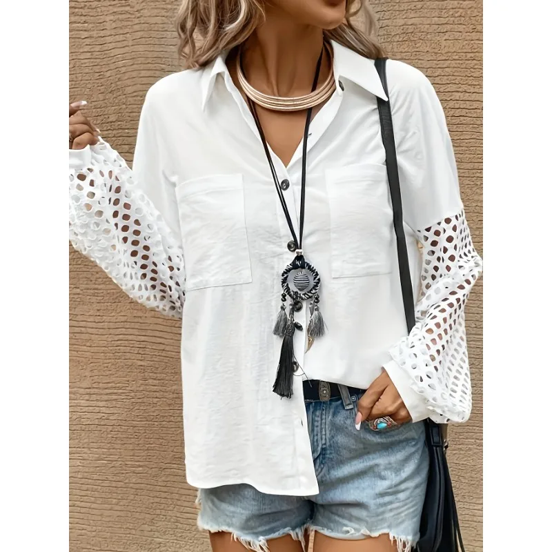 

Плюс размер 1XL-5XL, новые женские повседневные блузки с длинными рукавами на весну и лето, однотонные блузки с лацканами, топ, женские модные топы с карманами, рубашка