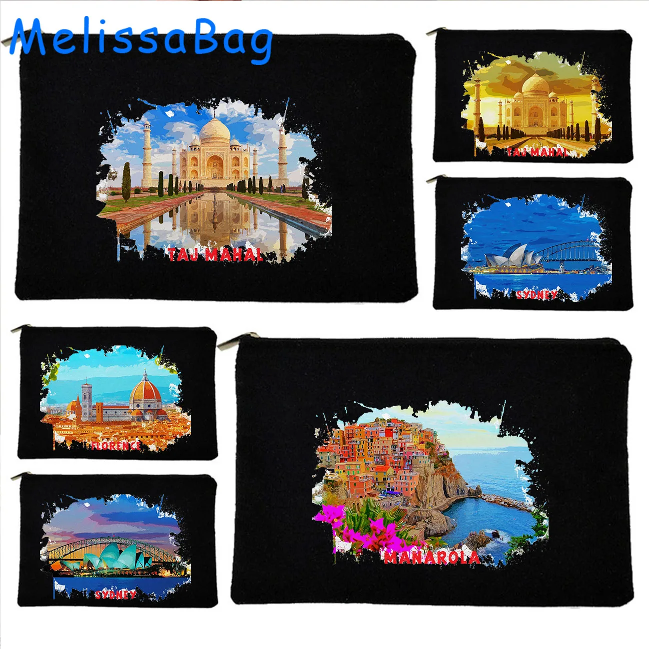 Sydney Australia Taj Mahal Manarola Florence Watercolor Painting Cute Canvas Cosmetic Makeup Toilet Bag Pencil Case Zipper Pouch