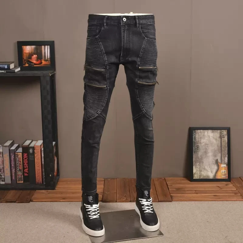 Streetwear Fashion Men Jeans Retro Black Gray Spliced Slim Fit Biker Jeans Homme Zipper Designer Stretch Hip Hop Pants Hombre