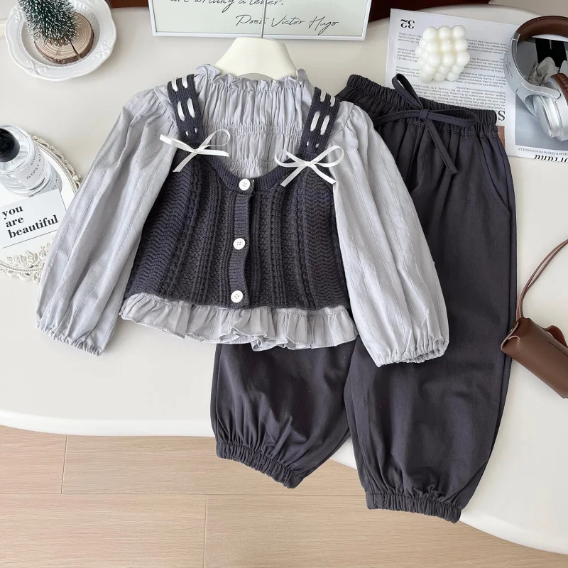 

Children's New Autumn Set for Girls, Baby Girl Elegant Knit Vest, Sweet Long Sleeve Doll Shirt, Pants Three-Piece Set