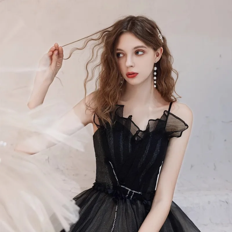 여성을위한 블랙 연회 이브닝 드레스 라이트 럭셔리 민소매 서스펜더 댄스 파티 드레스 우아한 아플리케 반짝 이는 생일 파티 드레스