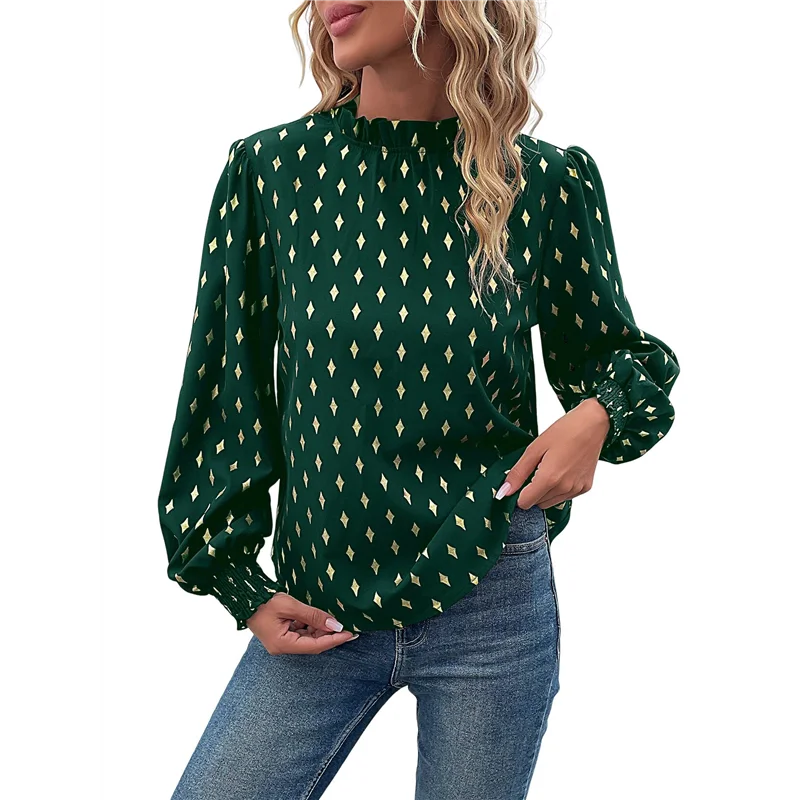 

AG-Women's Long-Sleeved Commuter Hot Stamping Shirt Pleated Round Neck Shirt Casual Loose Top