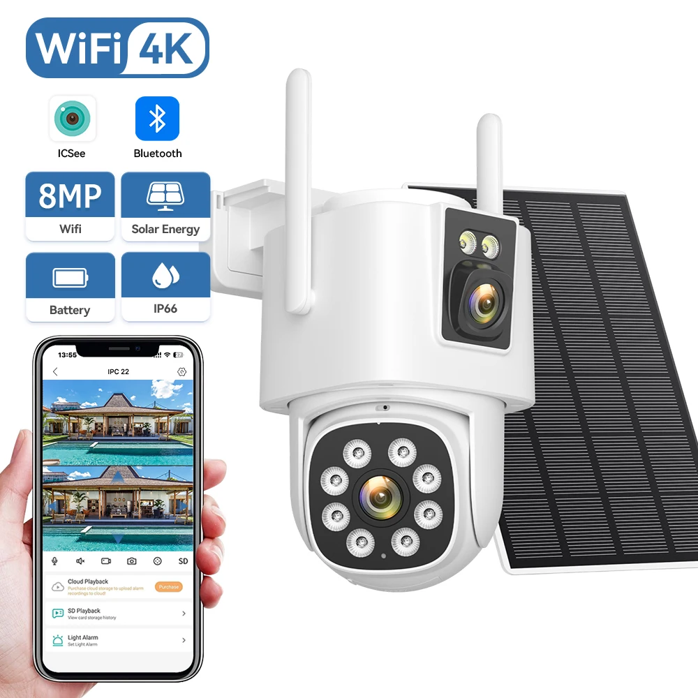 

4K 8MP Solar Security Camera Dual Lens 12000mAh 365 Days Outdoor IP66 Waterproof Two-way Audio Wireless PTZ Surveillance iCsee