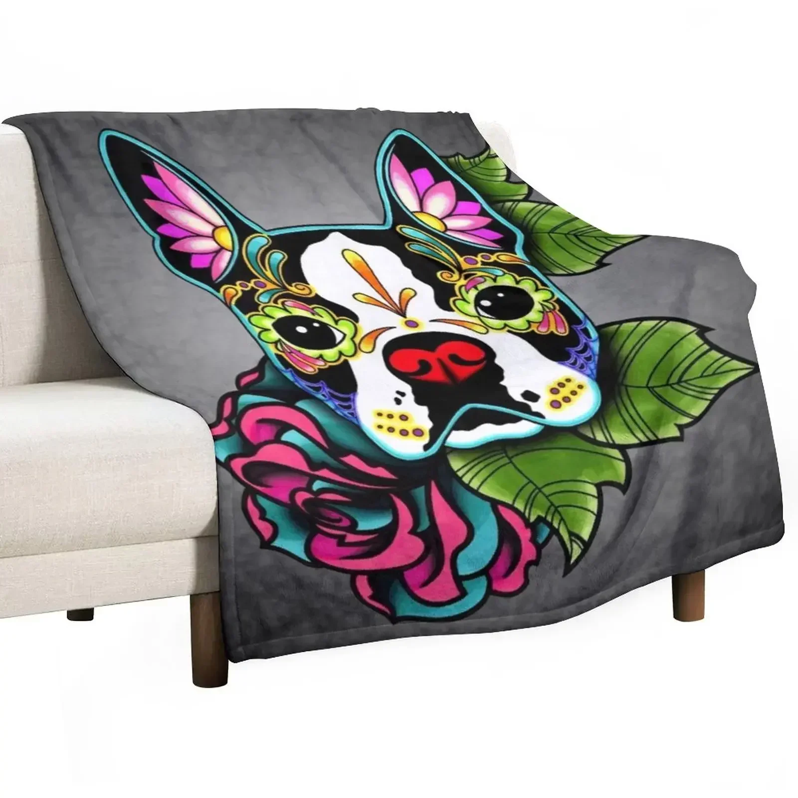 

Boston Terrier in Black - Day of the Dead Sugar Skull Dog Throw Blanket Luxury Designer blankets ands Blankets