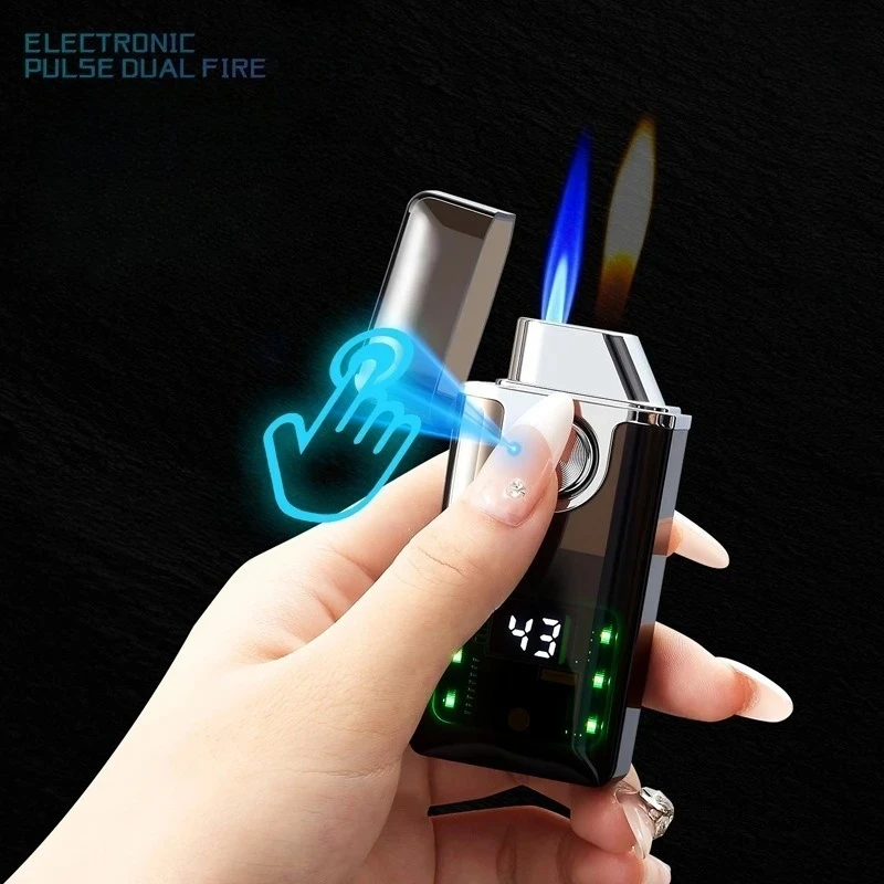 

Butane Gas Inflatable Lighter DualFlame Induction Charging Ignition Smoking Accessories Windproof Powerdisplay Cigarette Lighter
