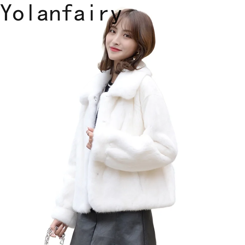 YOLANFAIRY Krótki Naturalny Płaszcz z Prawdziwego Futra Norki Damski Zimowy z Klapami Płaszcze z Prawdziwego Futra Damskie Kurtki z Futra Norki Odzież Wierzchnia Fourrure Manteau