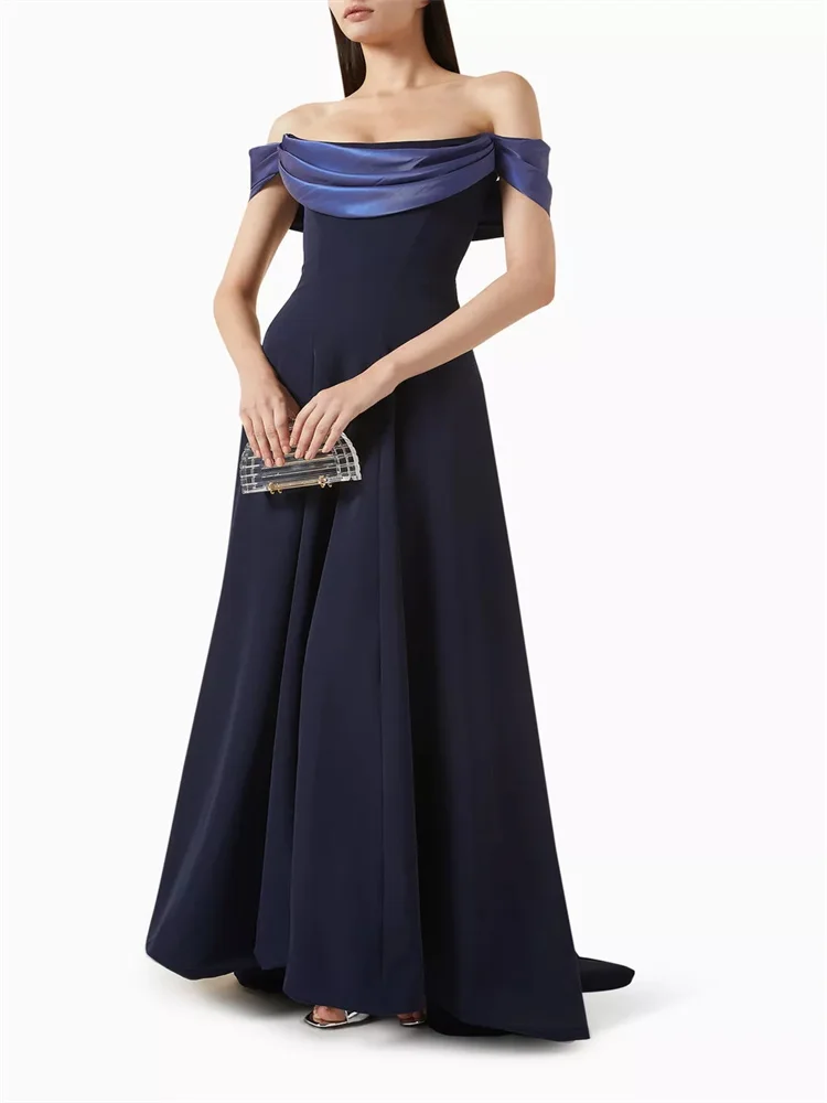 Hot Selling Off Shoulder Neckline Detachable Satin Sleeves Evening Dress Elegant Back Zipper Floor Length Gown For Women 2024