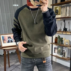 New Men's Long Sleeved Round Neck Pullover Casual Base Sweater with Vertical Stripe Splicing Contrasting Color Sweatshirt