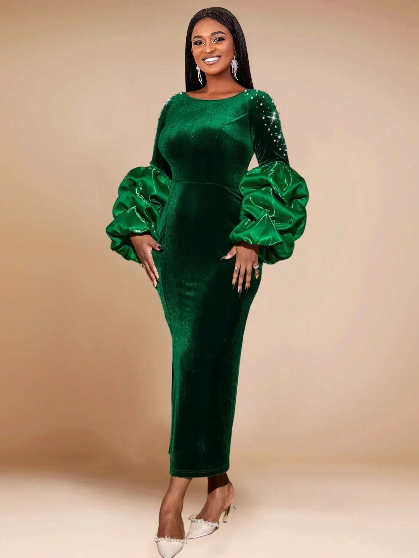 

Dark Green Velvet Dresses for Women O Neck Long Puff Sleeve Beading Bodycon Slim Fit Birthday Party Christmas Outfits 3XL 2024