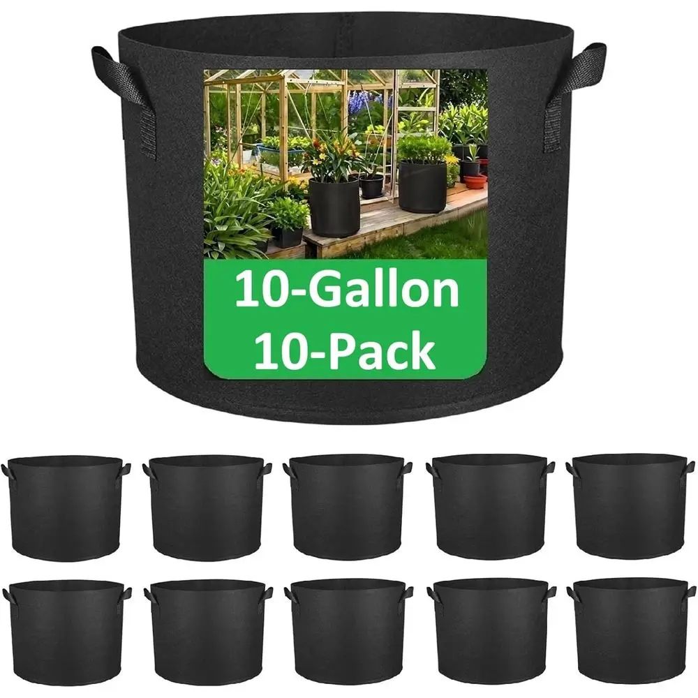 

10-Gallon Grow Bags, 10 Pack, Thickened Aeration Fabric Growing Pots Planters with Handles for Planting Vegetables Plants, Black