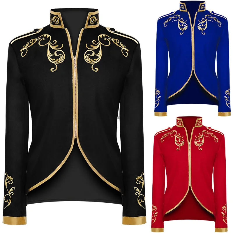 Middeleeuwse Mannen Custome Gouden Borduurwerk Koning Prins Renaissance Cosplay Volwassen Lange Mouwen Party Jacket Uitloper Coat Voor Mannen Retro