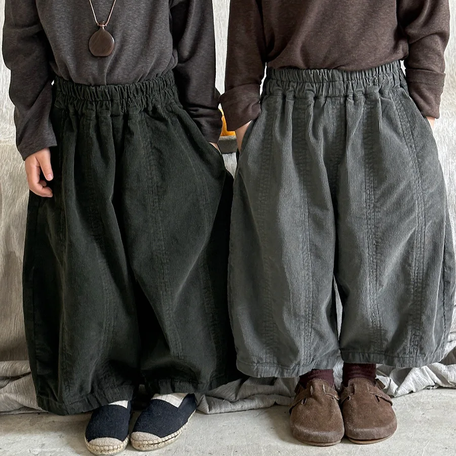 

2025 Autumn New Children's Cotton Corduroy Splicing Pants Retro Wide-leg Pants